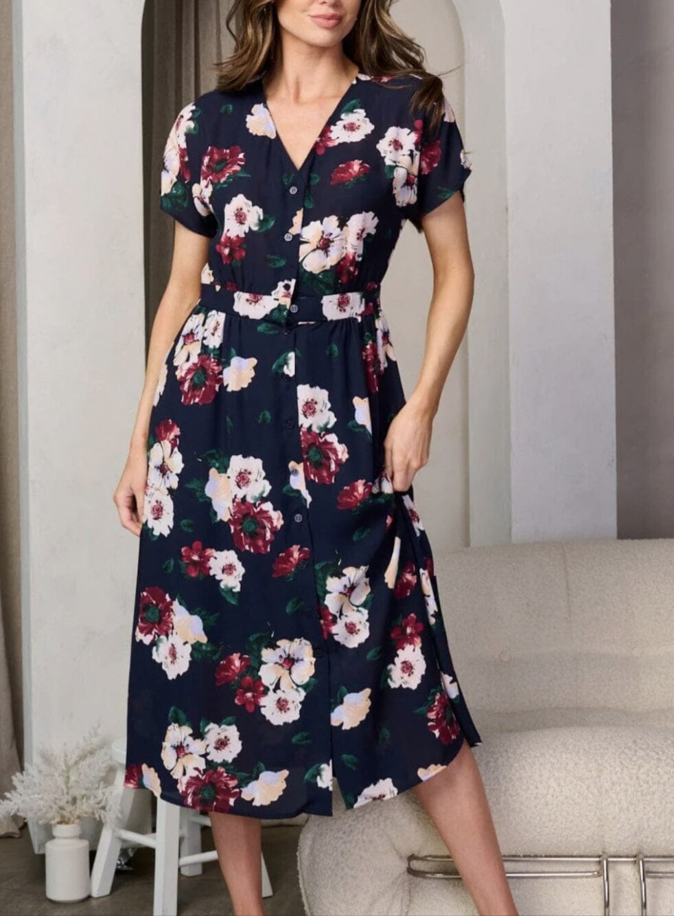 Floral V-Neck Midi Dress in Navy with Belt